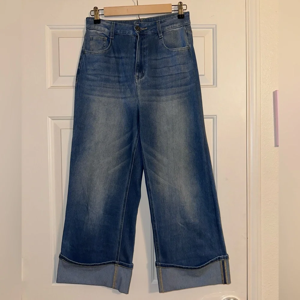 Halara Flex™ High Waisted Pockets Rolled Hem Wide Leg Washed Casual Jeans - Picture 3 of 7